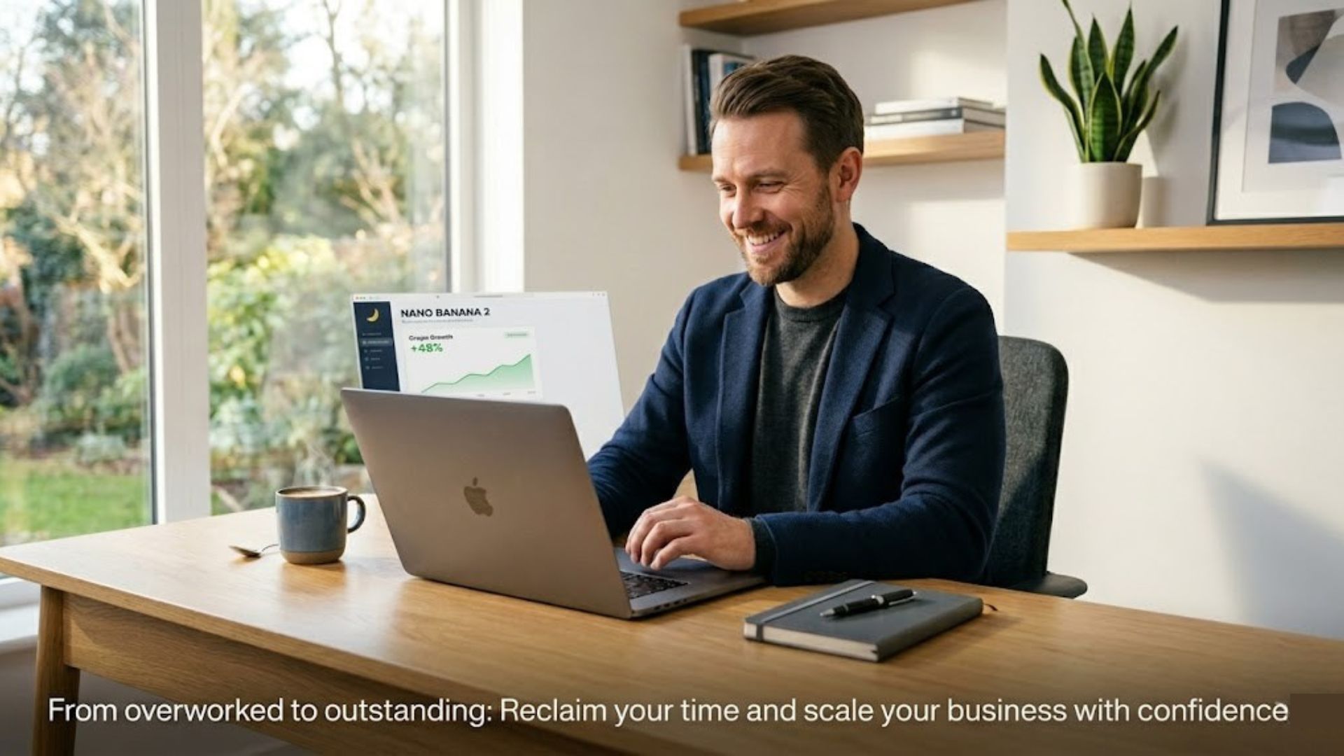 A confident small business owner working efficiently on a laptop in a bright, organized office, representing stress-free business scaling using expert AI workflows.