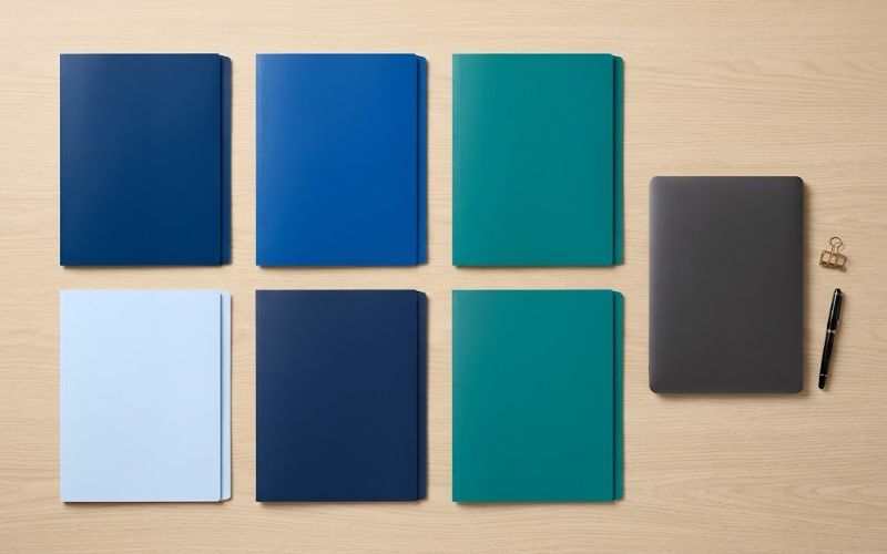 Six organized evidence folders and a laptop, representing an AI governance evidence pack for a due-diligence data room
