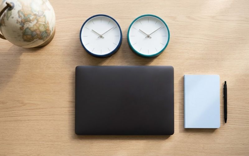 Desk with a company laptop and two clocks, representing remote fractional AI leadership across time zones