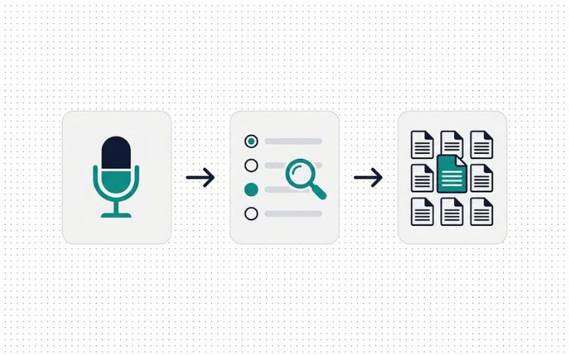 Three-step diagram of the Voice DNA Light workflow: interview, decisions, documents